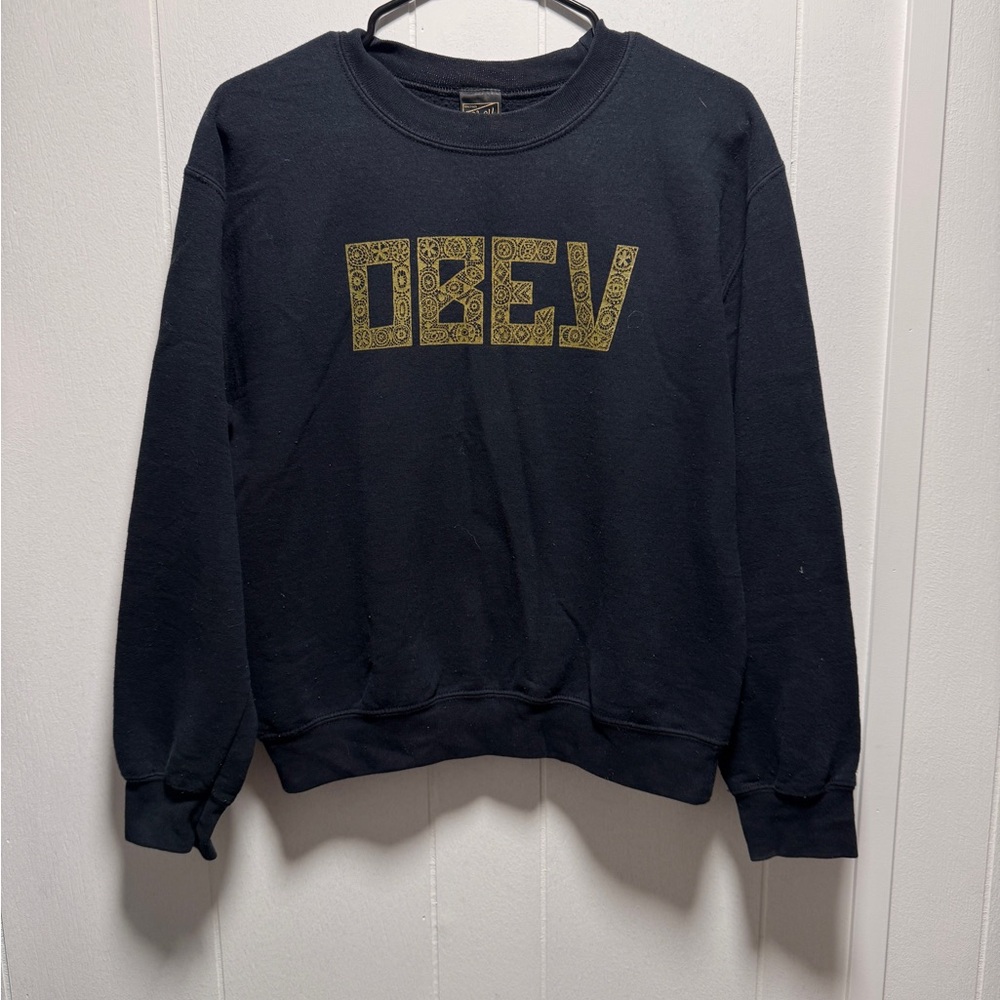 Obey FONT CREWNECK Black Grey Screenprint Pullover Fleece Men's Sweatshirt